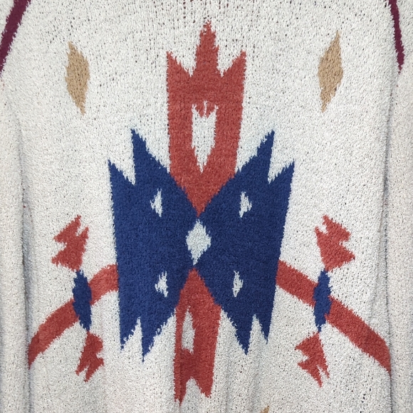 Love Riche Cardigan Cream + Blue + Red Patterned Open Front Soft Women's Size L - Picture 7 of 9